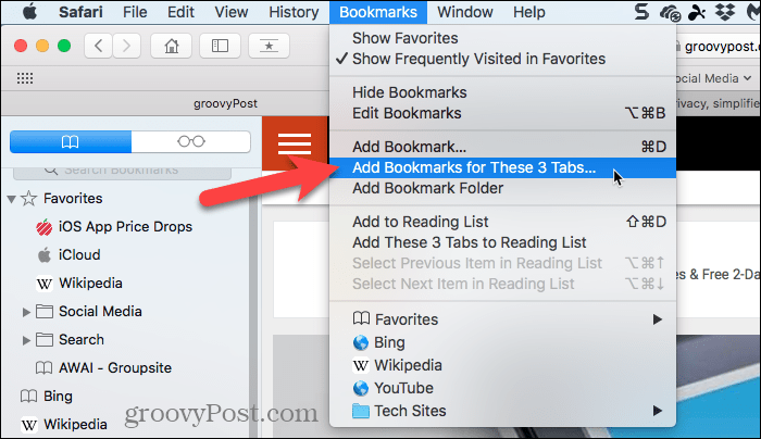 Selectați Adăugați marcaje pentru aceste file în Safari pe Mac