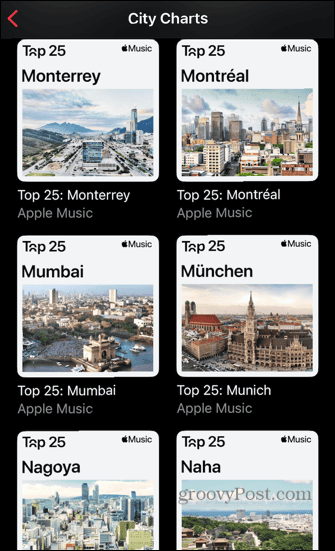 Apple Music topuri orașe după nume