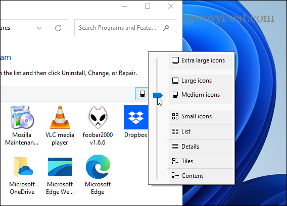 Schimbați panoul de control al dimensiunii pictogramei aplicației Windows 11