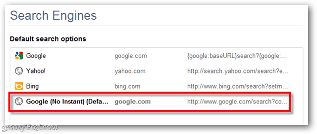 Opțiuni de căutare implicite Google Chrome