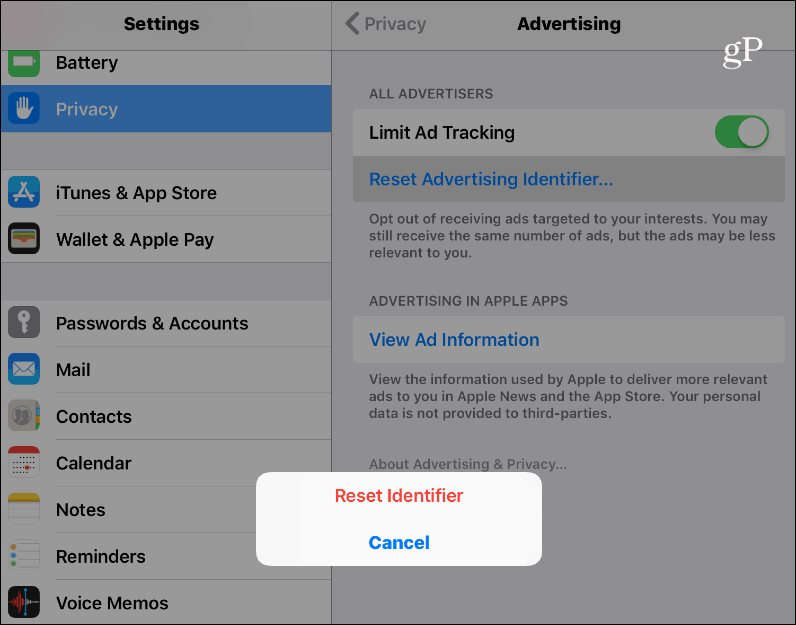 Resetați codul de anunț iOS