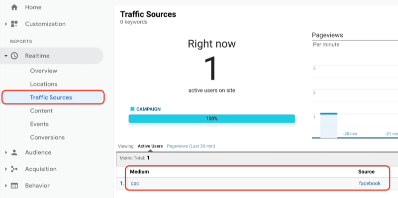 meniul Google Analytics care prezintă raportul surselor de trafic în timp real, iar raportul surselor de trafic care prezintă adresa URL recent creată este văzut și înregistrat în Google Analytics