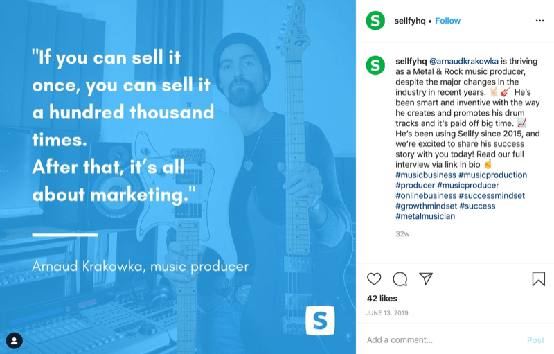 graficul citatului clientului din contul Instagram Sellfy