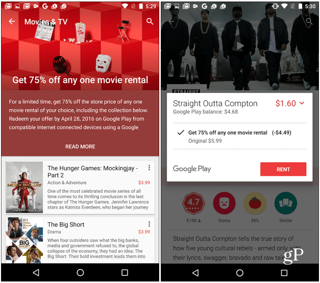 Filme Google Play oferă 75% reducere la orice închiriere de filme