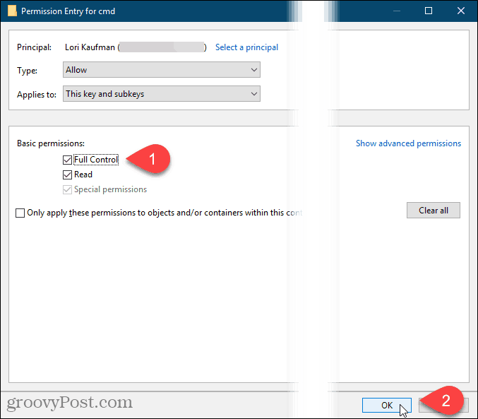 Verificați Controlul complet și faceți clic pe OK în caseta de dialog Intrare permisiune din Registrul Windows