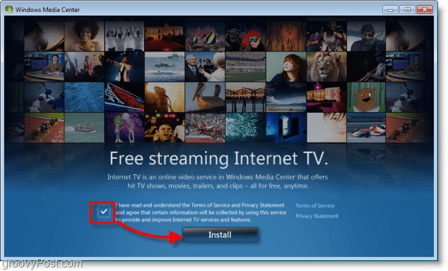 Windows 7 Media Center verificați acceptul ToS și confidențialitatea și faceți clic pe instalare