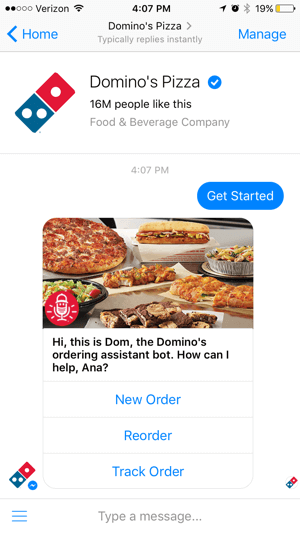 Chatbot-ul Domino facilitează pentru clienți urmărirea comenzii lor. Acest lucru poate reduce apelurile către magazin.