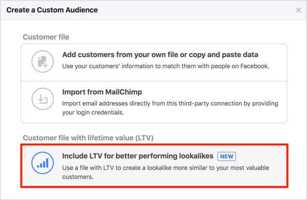 Selectați opțiunea Includeți LTV pentru o performanță mai bună atunci când creați un public personalizat din lista dvs. de clienți. 