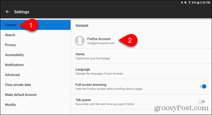 Atingeți contul Firefox în Firefox pentru Android