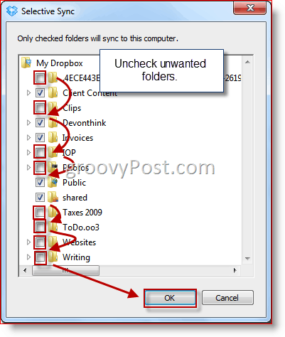 Selectarea folderului Dropbox Sync Windows Selectiv