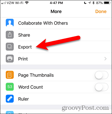 Atingeți Export în pagini pentru iOS