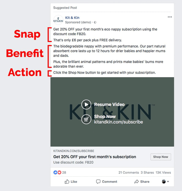 Exemplu de metodă de copiere SBS publicitar Facebook