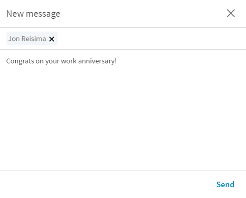 Când faceți clic pe butonul Spuneți felicitări, LinkedIn deschide un nou mesaj cu un scurt starter.