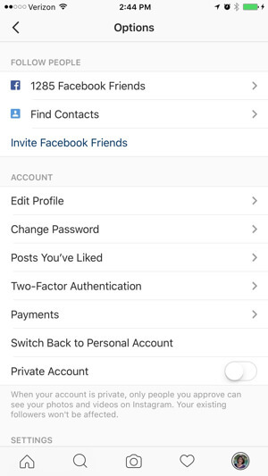 opțiuni de profil de afaceri instagram