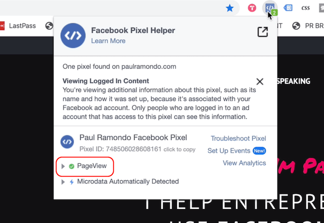Facebook Pixel Helper afișează evenimentul Vizualizare pagină