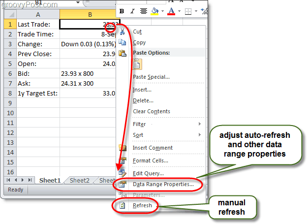 reîmprospătare manuală de date în excel 2010