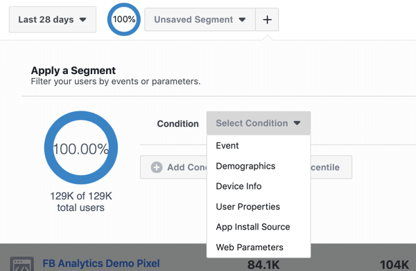 Opțiuni de condiții pentru segmentele dvs. din grupurile sursă de evenimente Facebook Analytics.