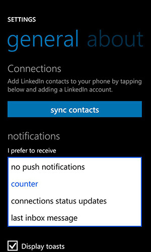 conectat în aplicație pentru opțiunile de notificare Windows Phone