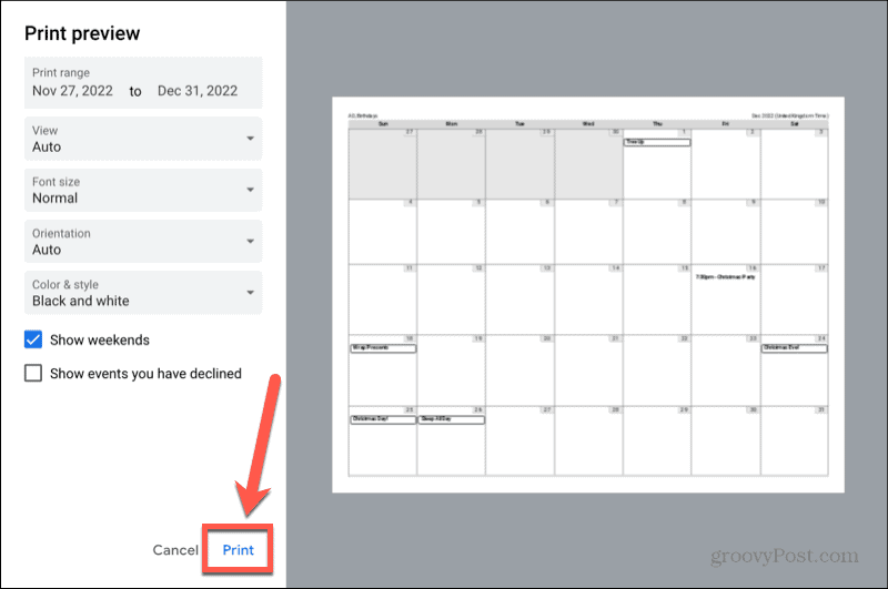 butonul Google Calendar Print