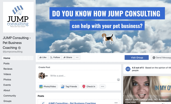 Cum se utilizează funcțiile Grupurilor Facebook, exemplu de pagină Facebook pentru JUMP Consulting