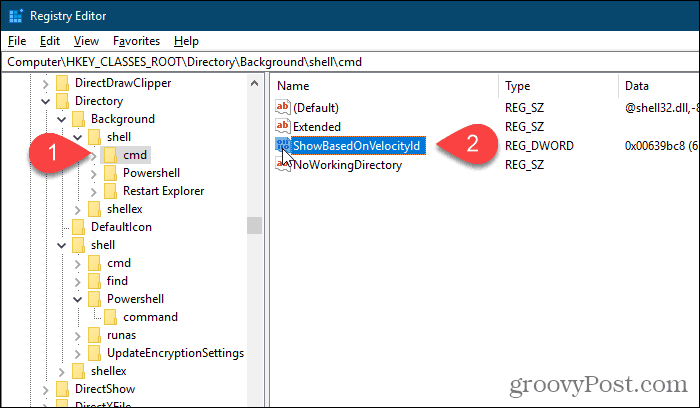 Redenumirea valorii de fundal cmd HideBasedOnVelocityId în editorul de registru Windows