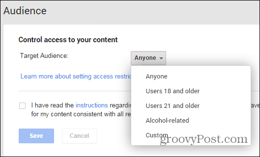 Google+ postează alcool în setările de restricție