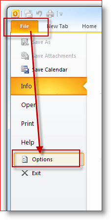 Fișier Outlook 2010, meniu Opțiuni