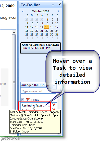 Bara de activități Outlook 2007 - treceți peste elementul pentru mai multe detalii