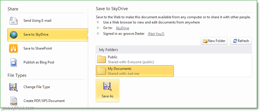 Cum să salvați fișierele și documentele Microsoft Office 2010 pe SkyDrive