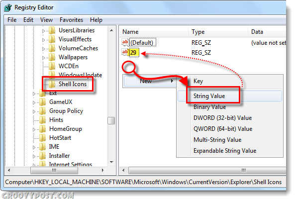 creați pictograme shell și valoarea șirului 29 în Windows 7