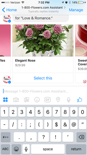 Clienții pot naviga și selecta cu ușurință produse din chatbotul 1-800-Flowers.
