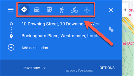Opțiuni de călătorie în Google Maps