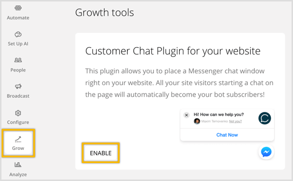 ChatFuel activează pluginul de chat al clienților