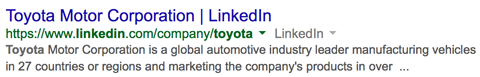 pagina companiei toyota linkedin în rezultatele căutării Google