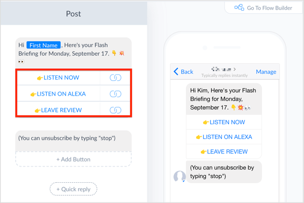 Compuneți un mesaj în ManyChat și adăugați butoane.