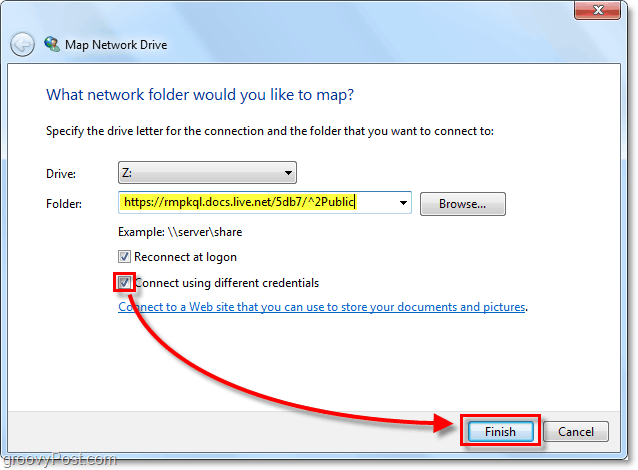 lipiți în URL-ul dvs. skydrive live în Windows în opțiunea unității de rețea mapate și verificați conectați-le în diferite credințe, apoi faceți clic pe finalizare.