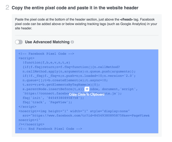Copiați codul pixelului Facebook și instalați-l pe site-ul dvs. web.