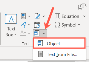 Selectați Obiect pentru a încorpora un fișier în Word