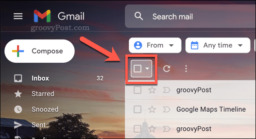 Pictograma casetă de selectare pentru a selecta e-mailurile în Gmail