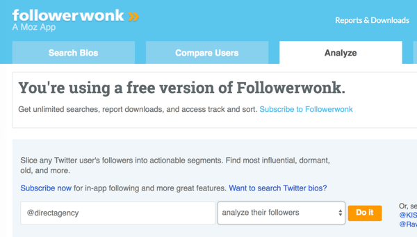 Selectați contul Twitter pe care doriți să îl analizați cu Followerwonk.