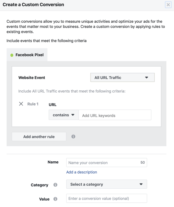 Utilizați Instrumentul de configurare a evenimentelor Facebook, pasul 11, setarea URL-ului pentru momentul în care se va declanșa conversia personalizată