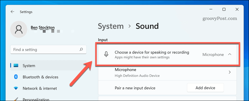 Alegerea unui dispozitiv de intrare a sunetului pe Windows 11