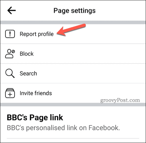 Butonul de raportare a profilului pe Facebook mobil
