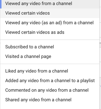 Cum să configurați o campanie publicitară YouTube, pasul 27, să setați acțiuni specifice de remarketing ale utilizatorului