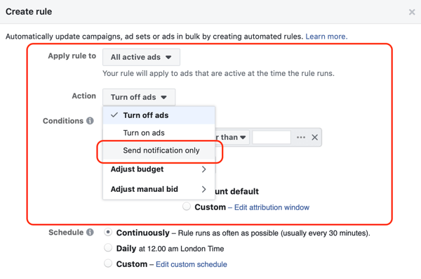 Utilizați reguli automatizate Facebook, notificări atunci când frecvența anunțurilor depășește 2.1, pasul 1, setul de anunțuri și setările acțiunii