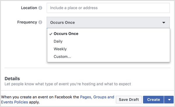 selectați intervalul din meniul Frecvență pentru a crea eveniment recurent cu pagina Facebook