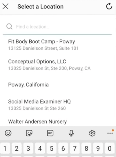 exemplu de meniu al opțiunii selectați o locație pentru eticheta de locație Instagram