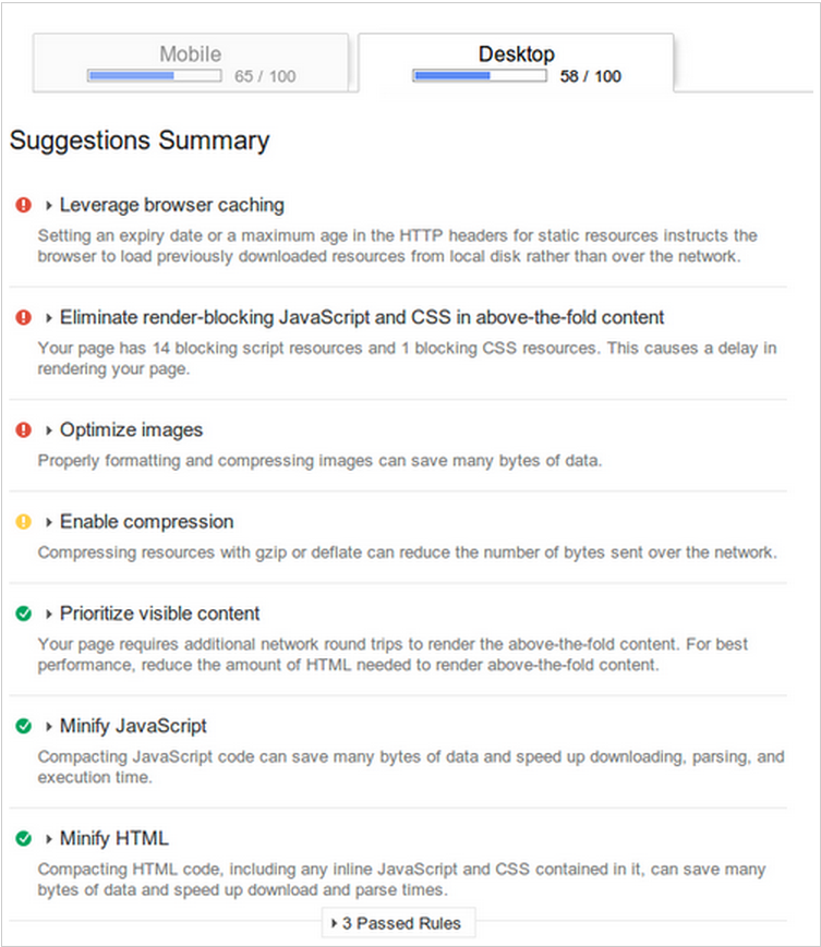 raport de sugestii de viteză Google Analytics