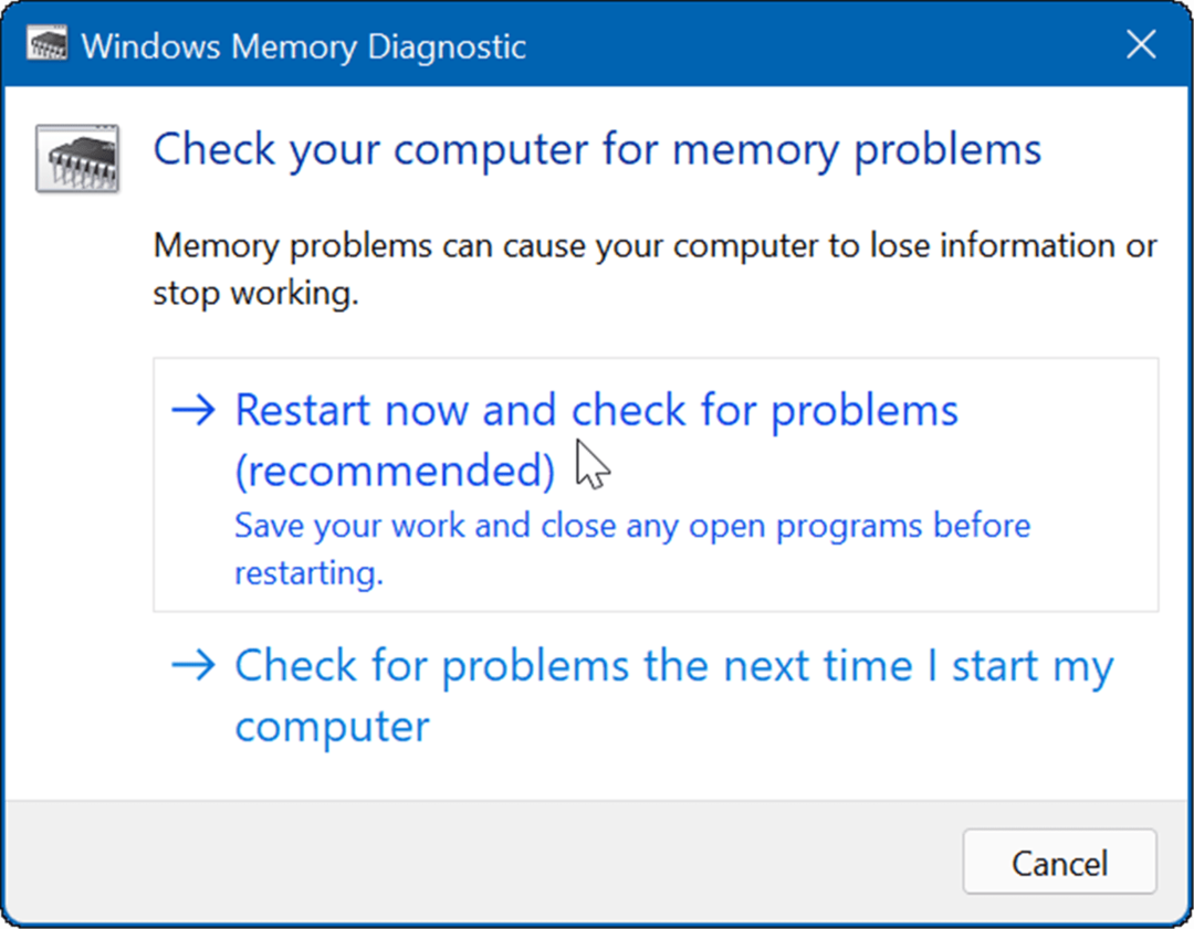 Reporniți și verificați diagnosticarea memoriei Windows