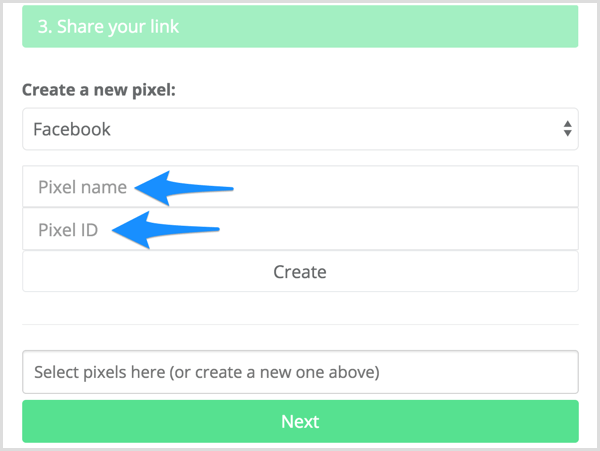 Introduceți numele pixelului și ID-ul pixelului în Meteor.link.